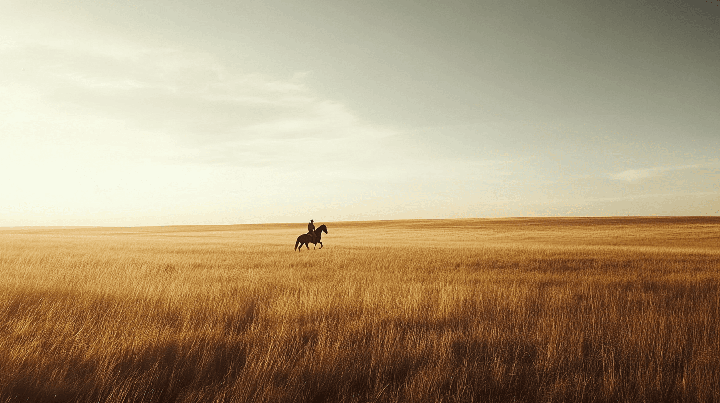 Distant horse and rider crossing an open Texas field at sunrise