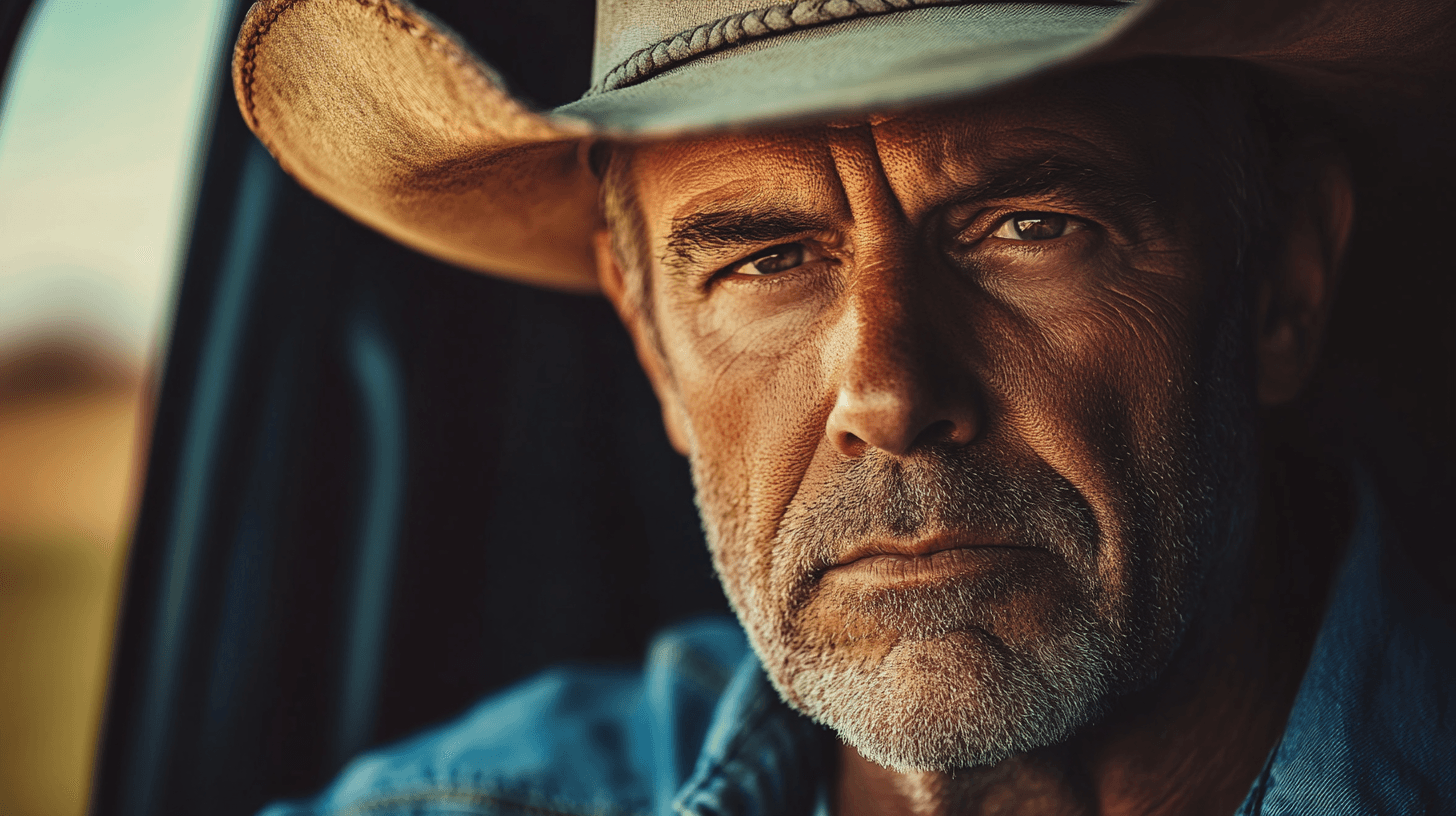 Close-up portrait of Gary Masters, sun-creased face under a faded cowboy hat